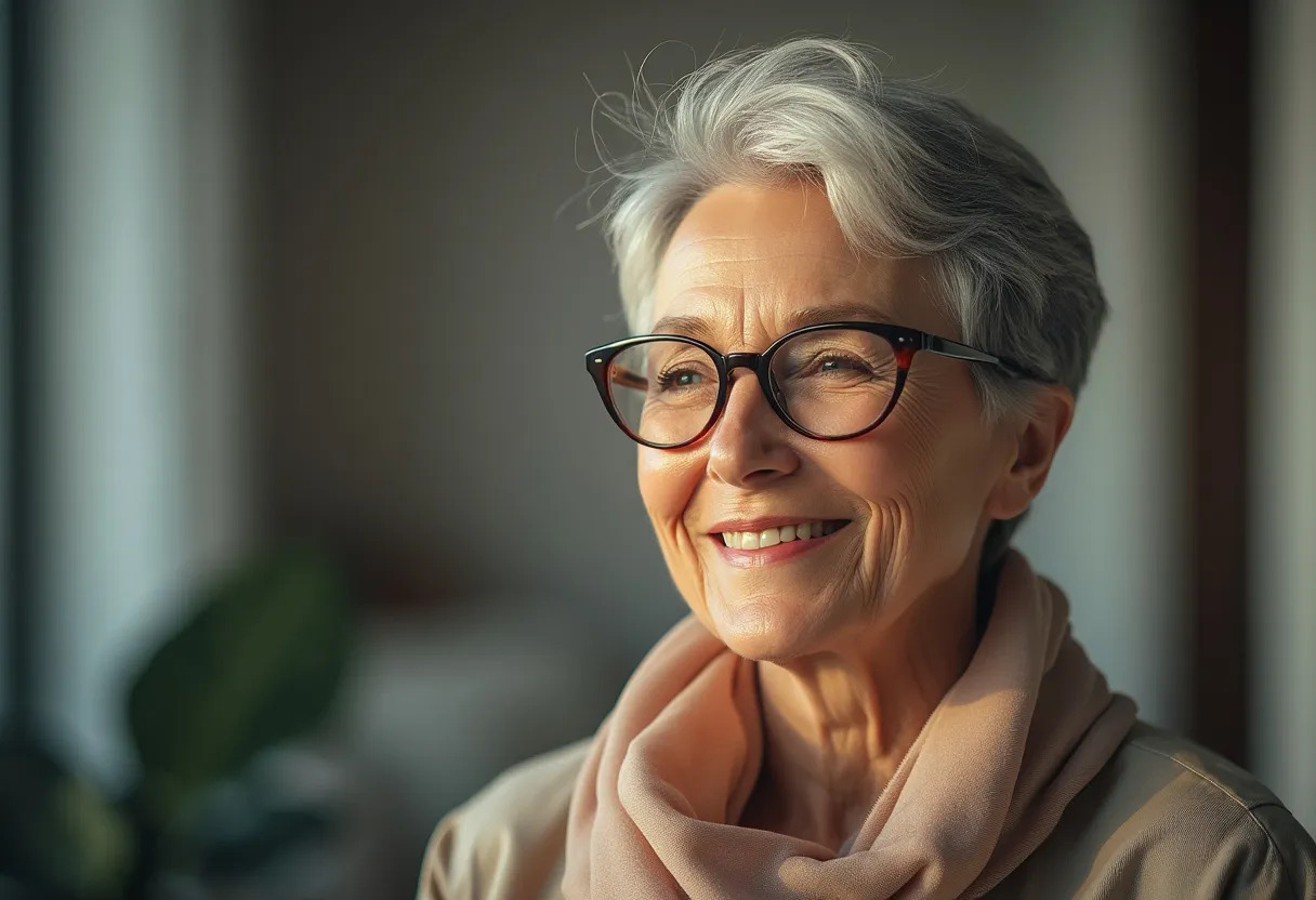 femme 60 ans lunettes coiffure