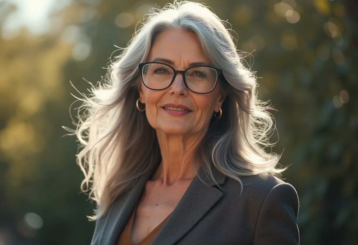 femme 50 ans lunettes cheveux gris